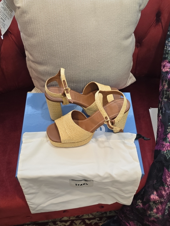 STAUD Shoes - STAUD Yellow Raffia Platform Sandals with Ankle Strap